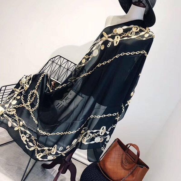 

spring and summer new high-end simulation silk chain printing scarves tourism beach towel air conditioning shawl girl klwe, Blue;gray
