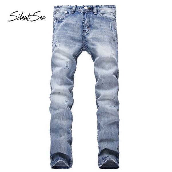 

silentsea vintage designer men jeans light blue color straight fit ripped jeans for men 100% cotton denim casual pants