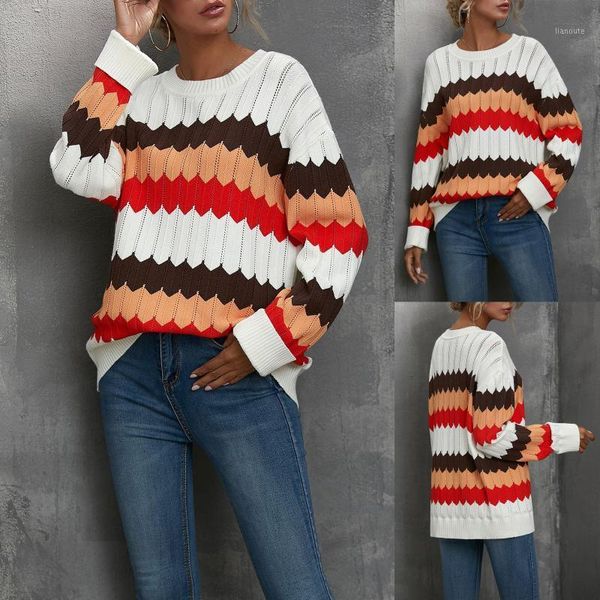 

fashion women casual spliced long sleeve sweater women's wavy pattern matching color stripe casual contrast color knit sweater1, White;black