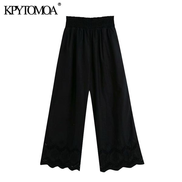 

kpytomoa women chic fashion cutwork embroidery hem pants vintage high elastic waist side pockets female ankle trousers 201111, Black;white