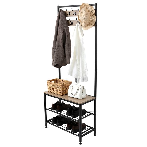 

us hall tree entryway wooden shoe bench with cloth hat hooks metal shelf
