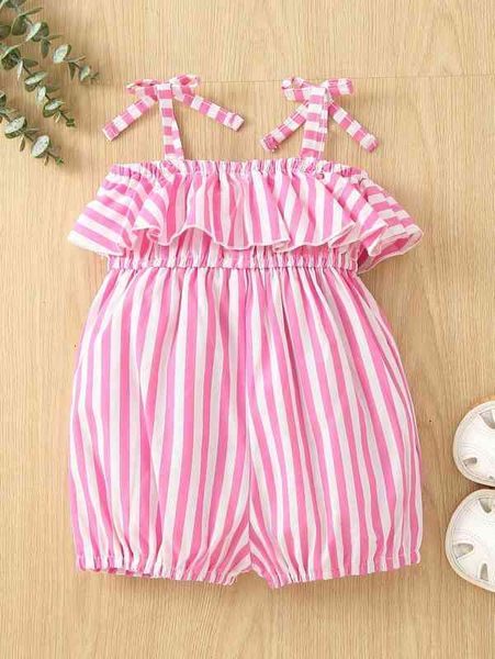 

baby striped tie shoulder ruffle trim cami romper she, Blue