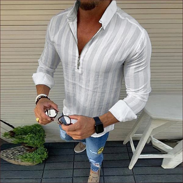 

2020 fashion striped shirts men long sleeve lapel neck zippers streetwear outerwear chic camisa male shirts plus size c1212, White;black