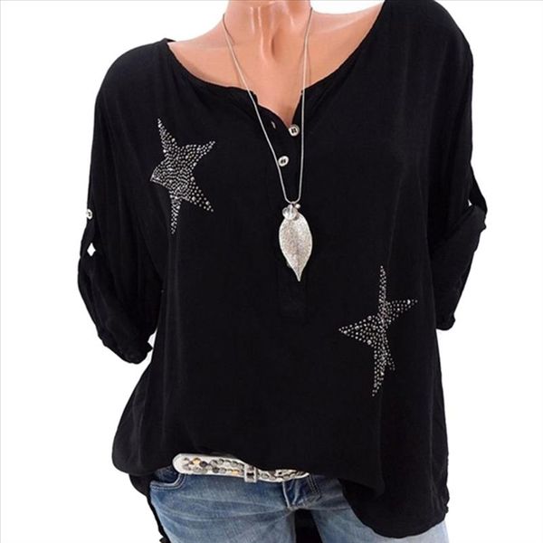 

women autumn t shirts pentangle rhinestone long sleeves round neck pullover loose mx8 drop shipping good quality, White