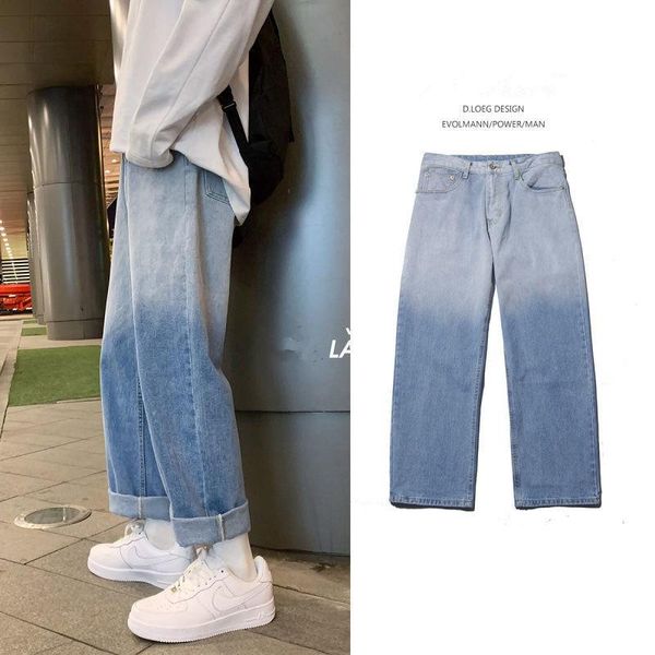 

men's jeans spring and autumn korean trend loose casual gradient color straight-leg pants biker denim blue/black trousers