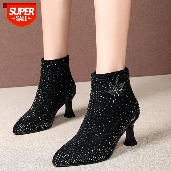

lucyever luxury full diamond high heels boots for women 2020 slip on pointed toe ankle boots woman fashion crystal shoes female #bf6u, Black