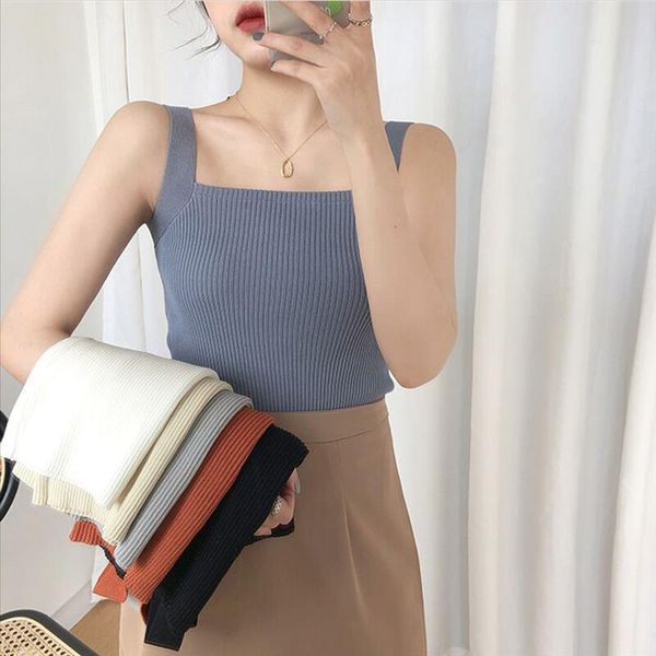 

women camis knitted o neck square tank for women casual sleeveless vest solid slim ropa casual mujer verano 3, White