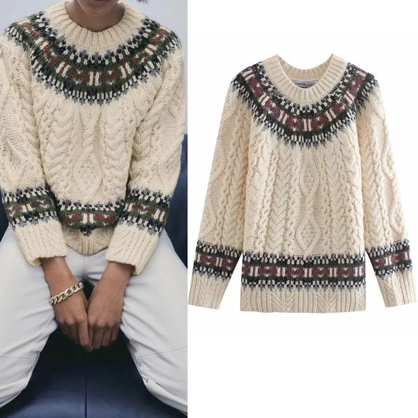 

свитер женщины 2020 мода жаккардовый вязаный свитер женщина о-шея длинные руканые свободные пуловер женский винтаж, White;black