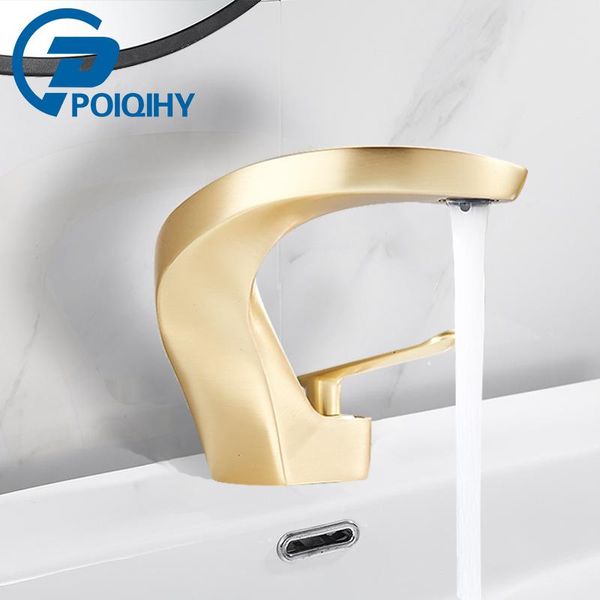 

bathroom sink faucets brushed gold modern basin faucet curved design deck mounted and cold water mixer taps ceramic plate spool