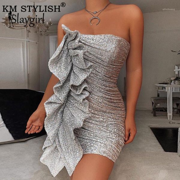

km stylish 2019 women clothes vestidos ruffles dress new fashion sequins tube cocktail party bodycon bag hip dress1, Black;gray