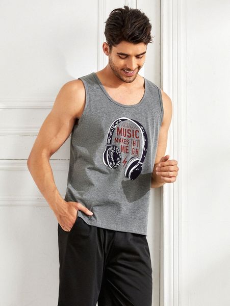 

men headset and slogan graphic sleep tank m1tj#, Black;brown