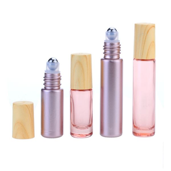 

100pcs/lot 5ml 10ml empty roller on essential oil bottles thick rose roll on bottle wood grain cover