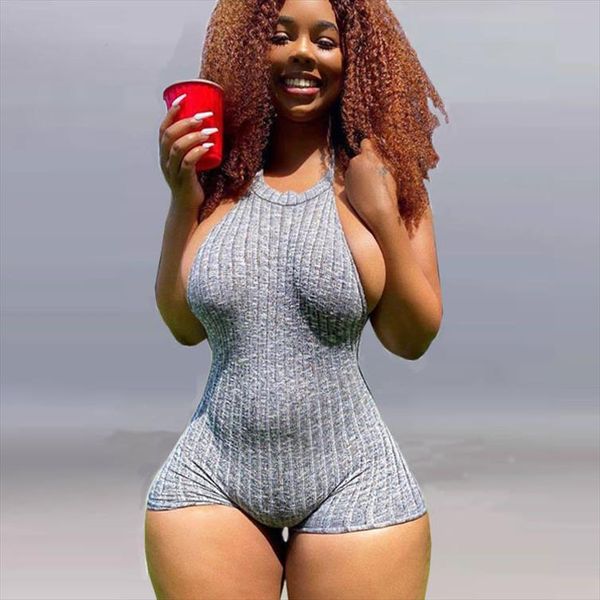 

2020 ribbed knitted bodysuit summer women sleeveless solid grey bodycon playsuit jumpsuit short romper party nightwear, Black;white
