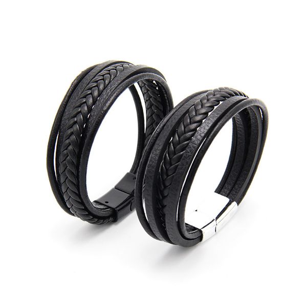 

popular woven retro bohemian style layered leather cuff magnetic snap bracelet jewelry, White