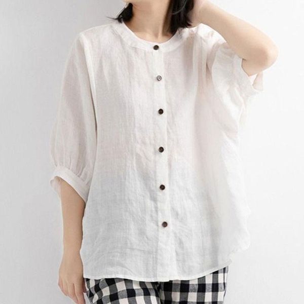 

women's blouses & shirts comfortable soft white summer 2021 o-neck linen shirt long-sleeved korean version women fashion loose