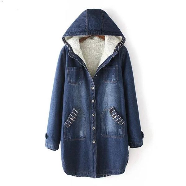 

women's trench coats denim jacket women winter thicken ladies outwear fashion long sleeve loose casual girls hooded jackets jeans coat, Tan;black