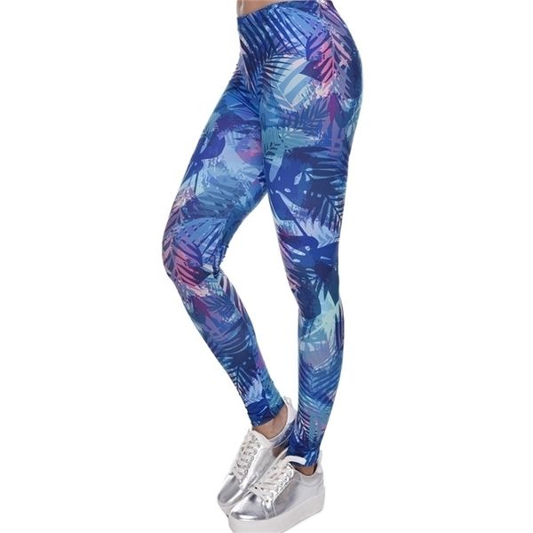 Nova Moda Mulheres Leggings Folhas Tropicais Impressão Azul Fitness Legging Sexy Silm Legins Cintura Alta Cintura Calças Calças 201202