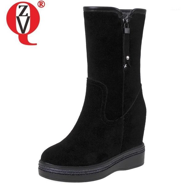 

zvq winter new concise snow boots outside plush warm high heels platform women shoes round toe mid calf boots drop shipping1, Black