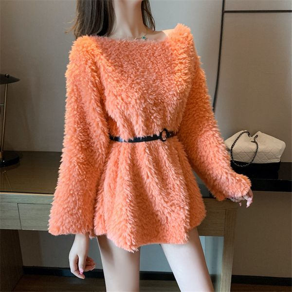 

2021 new white fashion velour female long and loose short mini in autumn round turtleneck winter high street dress ii7r, Black;gray