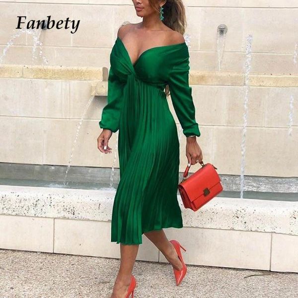 

fanbety elegant fit and flare pleated satin dress women 2019 autumn off shoulder long sleeve dress lady casual party1, Black;gray