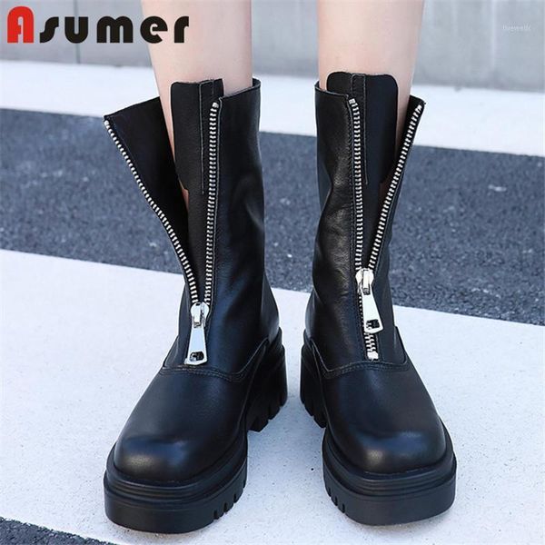 

boots asumer 2021 est autumn winter platform women genuine leather shoes fashion cool zip punk casual ankle woman1, Black
