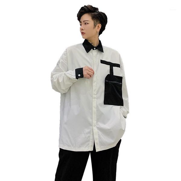 

men black pocket splice long sleeve casual shirt male streetstyle fashion vintage loose shirts1, White;black