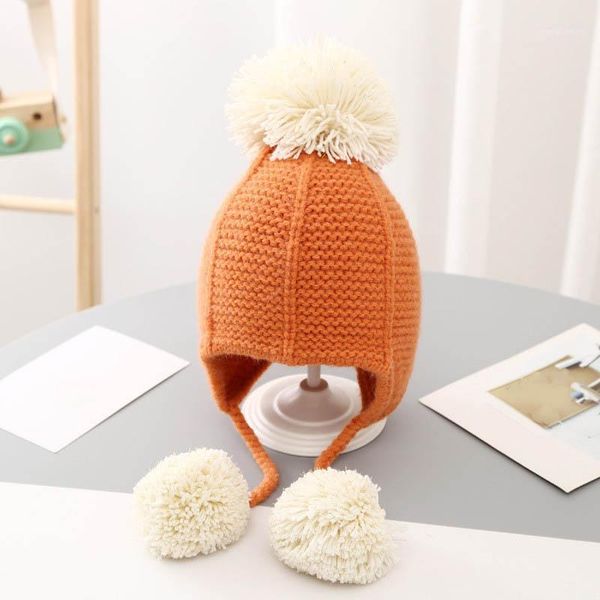 

2020 winter knitted warm baby hat cute double pompom infant baby boy girl cap ear protection hats kids bonnet 3 to 24 month1, Slivery;white