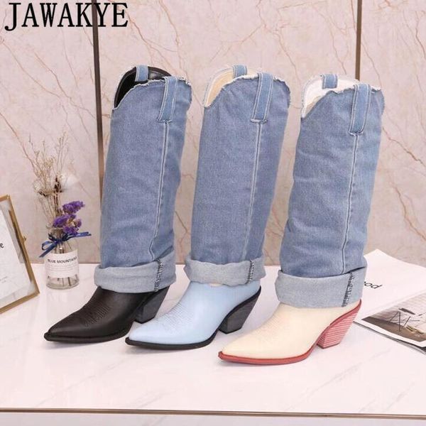 

boots jawakye carved denim jean women's knee high pointy toe chunky heels leather winter shoes cowboy knight botas mujer1, Black