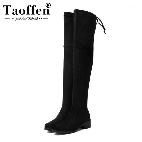 

taoffen thigh high boots women new comfort stretch shoes women casual lace up soft suede flats booties mujer size 34-431, Black