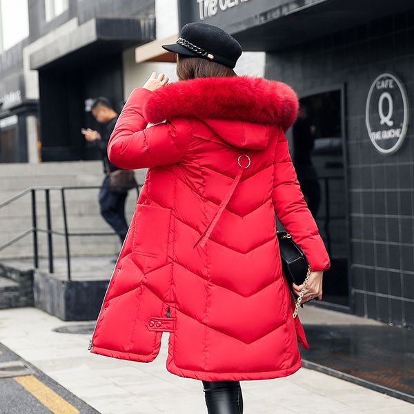 

winter long down women's thickened warm slim big hair collar cotton jacket, Black