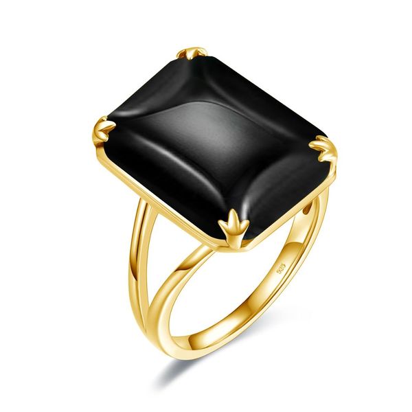 Luxuriöse schwarze Onyx-Ringe für Damen, echtes 925er Sterlingsilber, Edelstein-Design, 13 x 18 mm, rechteckiger Stein, vergoldeter Vintage-Schmuck