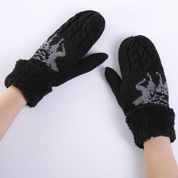 

2019 new couple gloves autumn winter warm plus velvet thickening knitting wool glove christmas deer rhinestone gloves for women bbyytw, Black;white