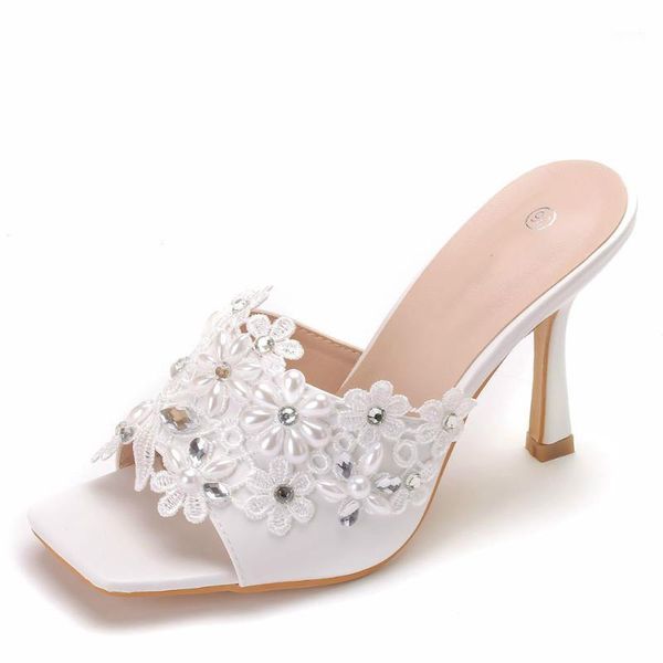 

9cm square toe sandals women slippers spool high heels flower lace wedding shoes white women's rhinestone shallow mouth sandals1, Black