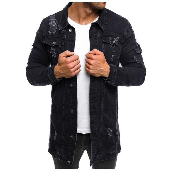 

2021 men winter autumn black retro hold denim jacket fashion tearing long streetwear men hole lapel coat pocket jacket a13, Black;brown