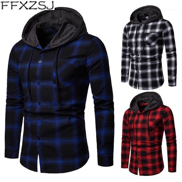 

ffxzsj brand 2020 men's middle-aged casual spring and autumn plaid casual hooded long-sleeved shirt european size acetate1, White;black