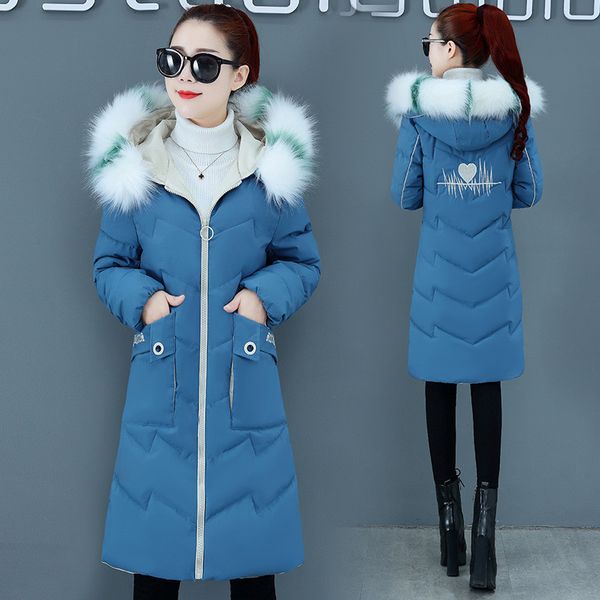 

2021 new women long female coat warm winter jacket hooded outerwear with fur collar down cotton coats plus size one7, Black