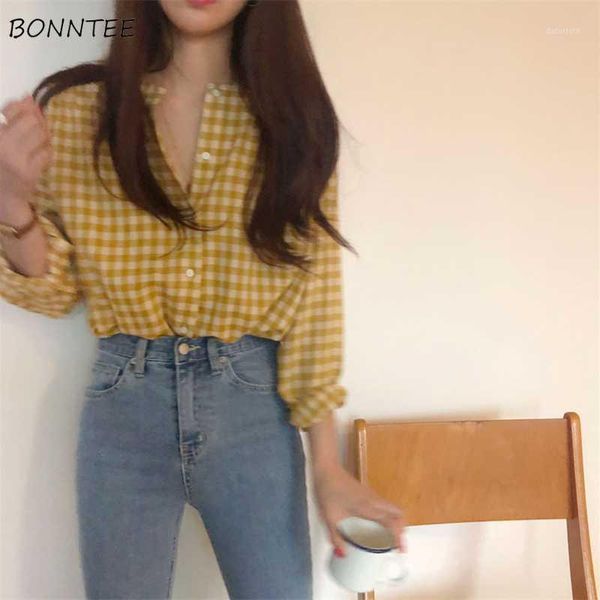 

shirts women plaid retro single breasted all-match korean style students long sleeve o-neck blouses trendy womens leisure daily1, White