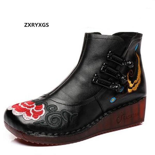 

boots autumn classic embroidery soft cowhide leather women fashion flat wedges non-slip comfortable women1, Black