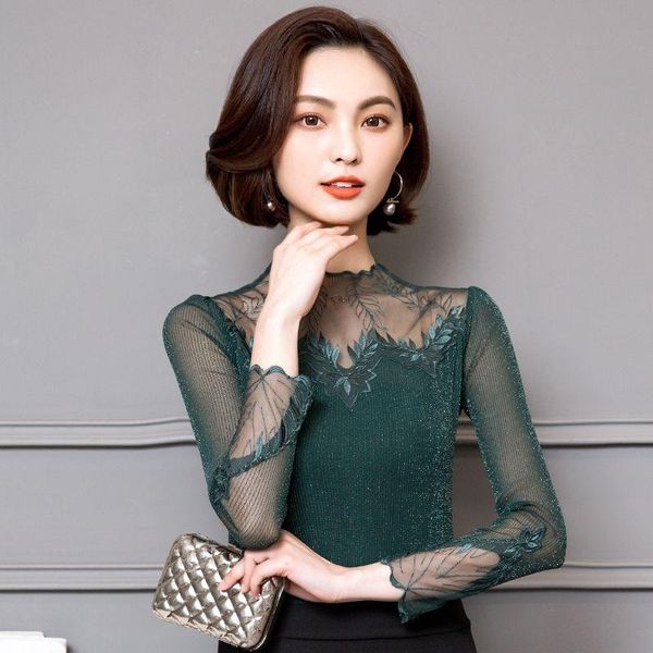 

hollow out women spring autumn style lace blouses shirts casual long sleeve patchwork spliced turtleneck blusas df2089, White