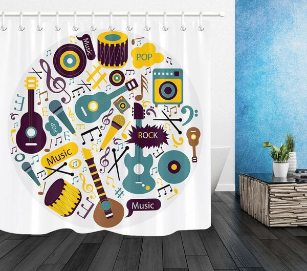 

music festival instrument fabric shower curtain set bathroom decor w/12 hooks