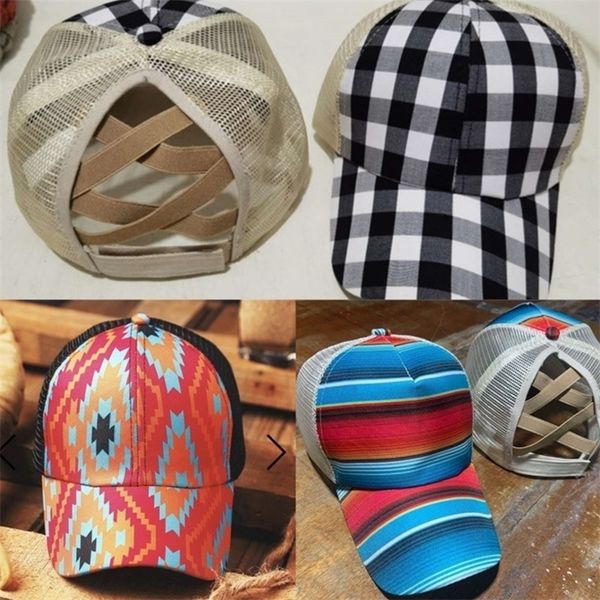 

womens plaid striped ponytail baseball caps criss cross adjustable mesh sunflower leopard trucker hats snapback head wear supplies hh2309, Yellow