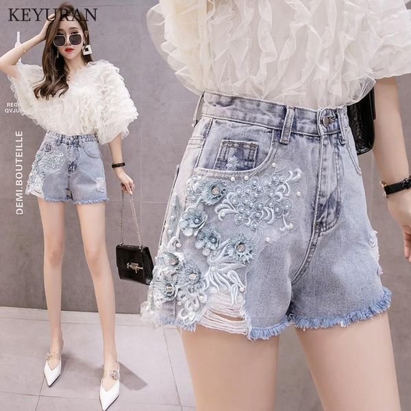 

summer fashion women high waist pearls beading wide leg denim shorts woman 3d flower embroidered tassel jeans shorts l33901, White;black
