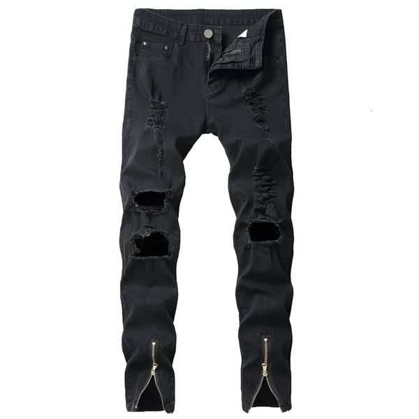 

factory price mens ripped denim trousers break holes hip hop stretch zipper black distressed skinny biker jeans mens, Blue