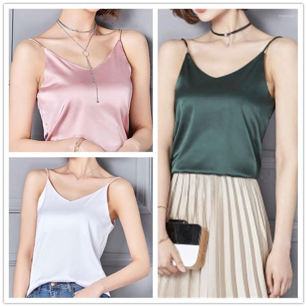 

summer fashion women tank silk ladies camisole bottom shirt v-neck cropped feminino female t-shirt soft satin tank, White