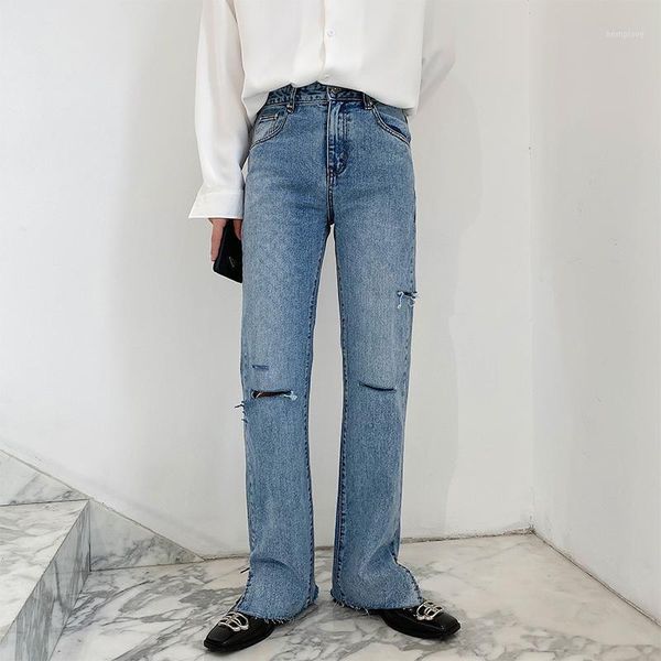 

spring autumn men's ripped jeans wide leg pants split trousers men jeans causal straight trousers korean woman man leisure pant1, Blue