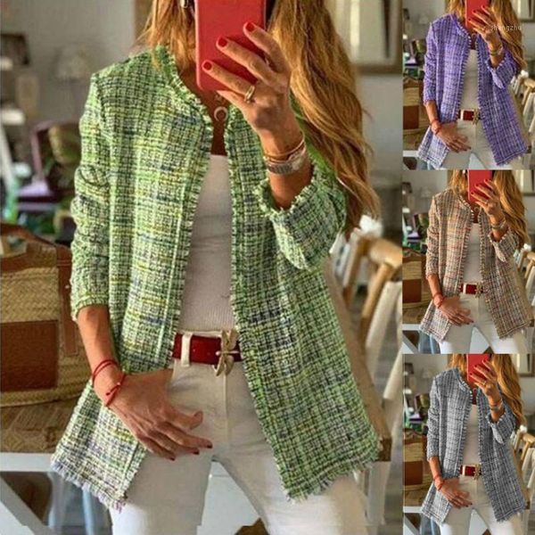 

ladies jacket fashion autumn and winter long-sleeved o-neck open stitch women's coat elegant casual large size slim plaid jacket1, Black;brown