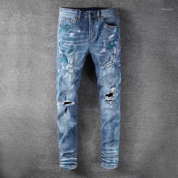 

fashion streetwear men jeans slim fit blue paint designer destroyed ripped jeans men biker pants streetwear hip hop homme1