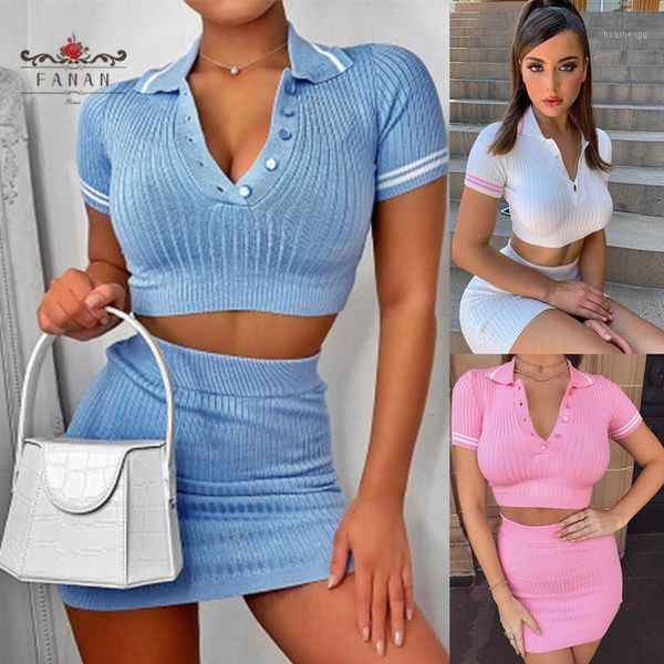 

women outfit short-sleeved skirt suit sweater for party two-piece blue knit crop v neck casual mini skirt summer new1, Gray