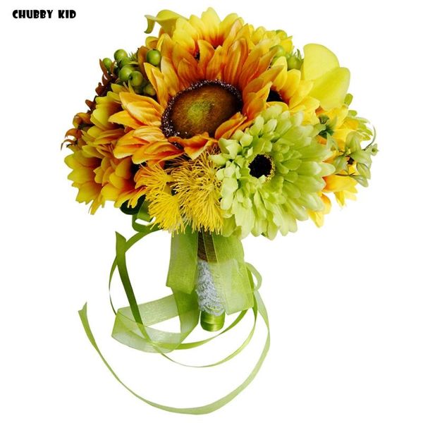 

decorative flowers & wreaths artificial yellow sunflower wedding bridal bouquet bride's hand holding groom boutonniere bride wrist flow