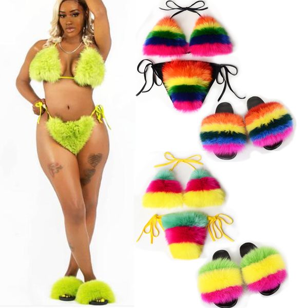 

2021 selling fur bra headband new lingerie set woman fur bras real fur panty and bra set, Black